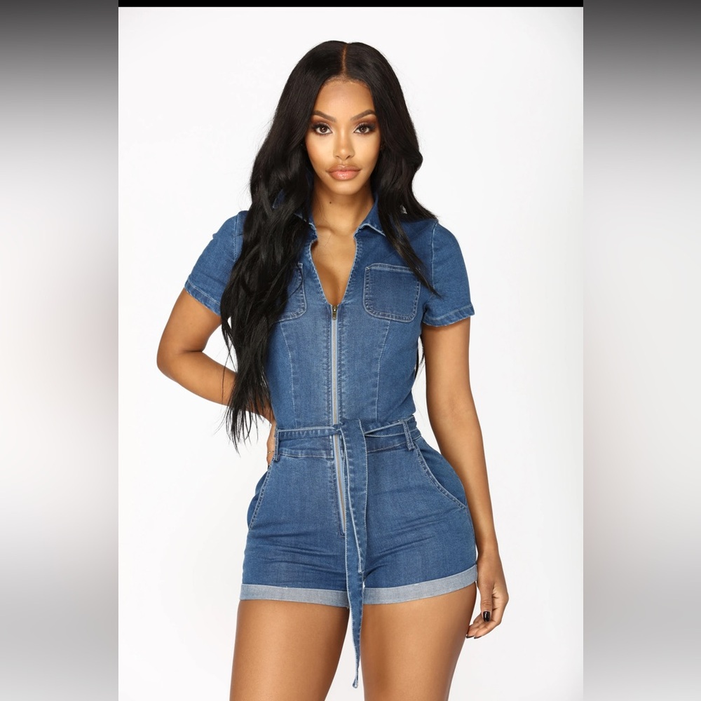 Fashion Nova ‘Down for You denim romper’ Medium Wash Size L